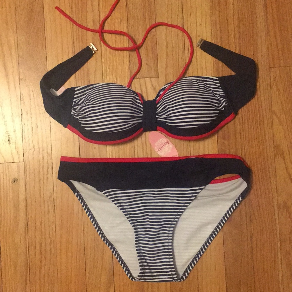 Nautica Push Up Striped Navy White and Red Bikini